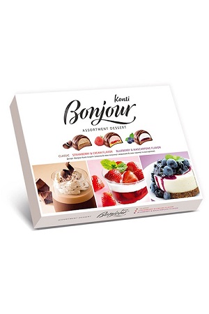 Dessert Bonjour Assorti okus jagoda-smetana, borovnica, maskarpone 348g z dostavo v Sloveniji